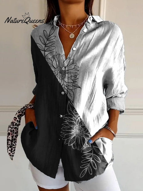 Black And White Sunflower Art Printed Women's Casual Cotton Shirt