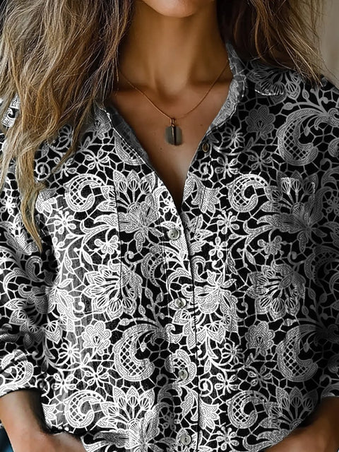 Elegant Floral Lace Pattern Printed Women's Casual Long Sleeve Comfortable Cotton Shirt