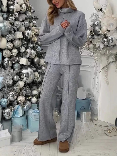 Women's Solid Color Casual Knitted Suit High Collar Long Sleeve Top And Trousers