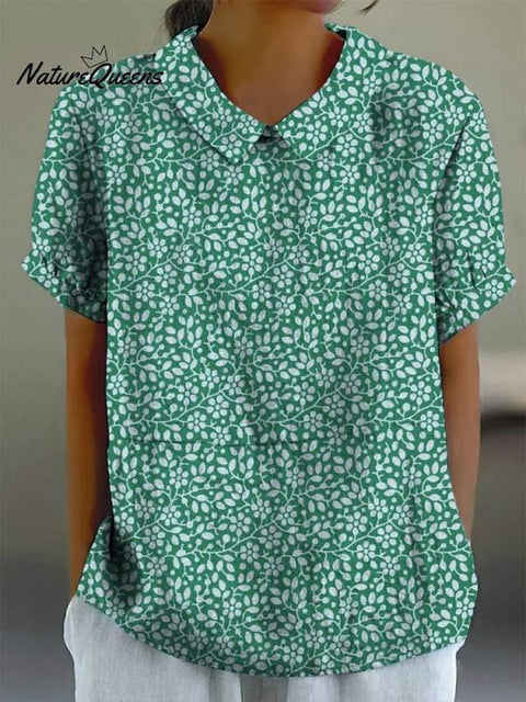 Women's Small Green Flowers Print Casual Cotton And Linen Shirt