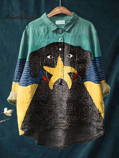 Women's Dog Art Print Casual Cotton And Linen Shirt