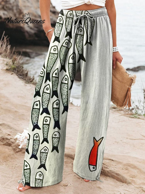 Be The Unique Fish Art Printed Women's Cotton And Linen Casual Pants