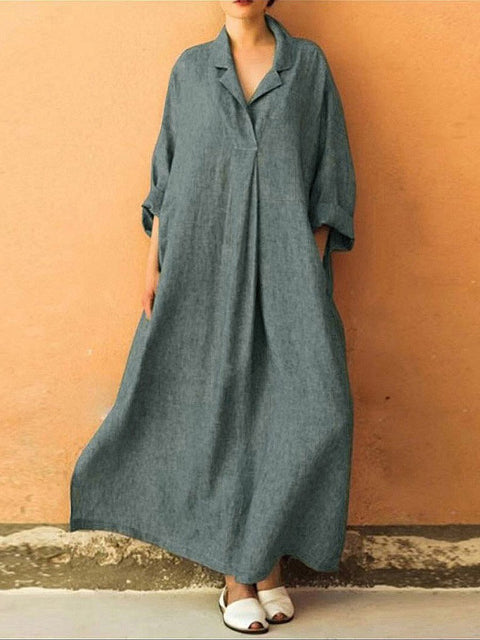 Women's Stylish Casual Loose Long Sleeve Solid Color Cotton And Linen Long Dress