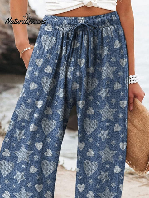 Denim Style Heart And Star Pattern Printed Women's Cotton And Linen Casual Pants
