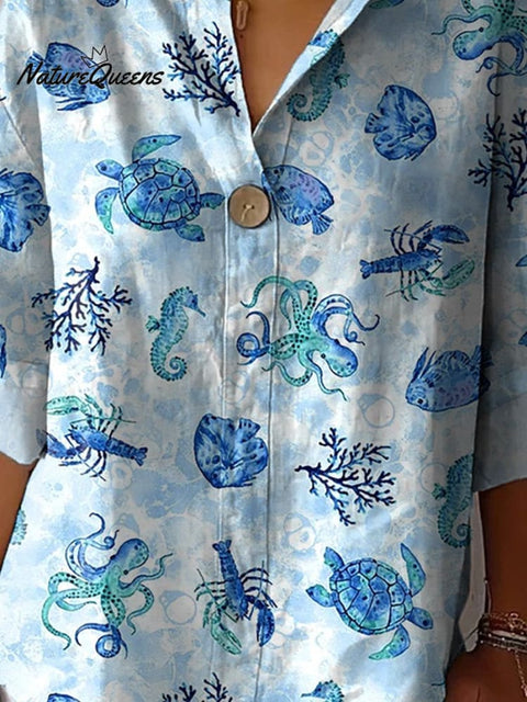 Ocean Blue Sea Creatures Pattern Printed Women's Casual Cotton Linen Shirt