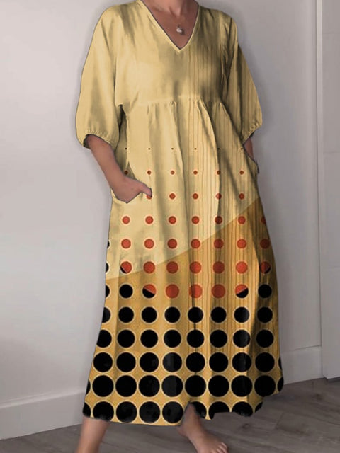 Bauhaus Style Geometric Art Printed Women's Pocket V-Neck Cotton Dress