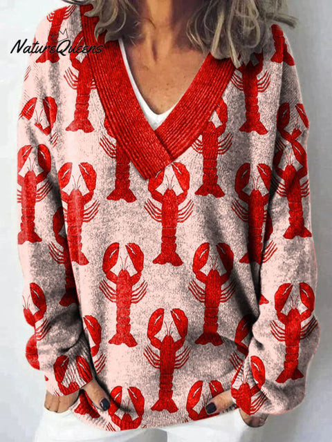 Red Lobster Decorative Pattern Knit V-neck Pullover Sweater