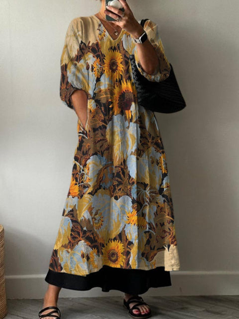 Sunshine Sunflower Field Decorative Pattern Pocket V-neck Cotton Dress