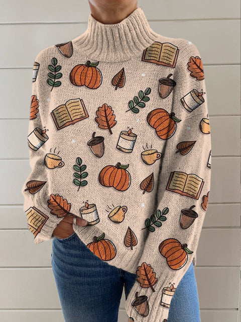 Autumn Leaves And Fruit Art Print Knit Turtleneck Pullover Sweater