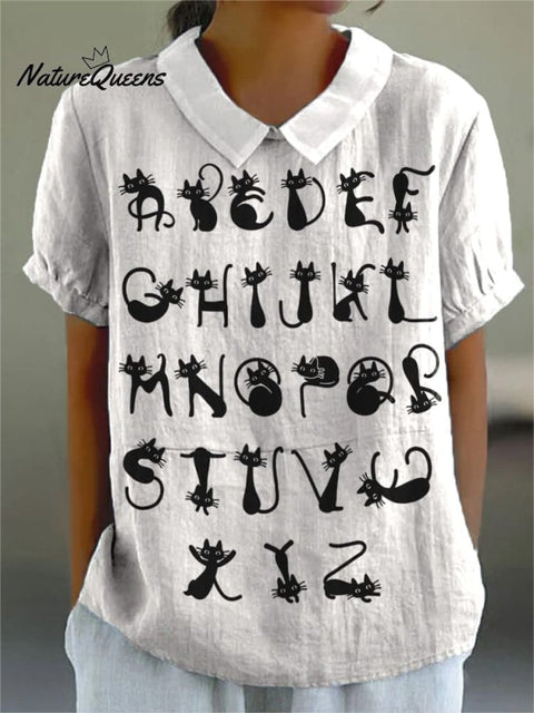 Lovely Cat Alphabet Pattern Printed Women's Casual Cotton And Linen Shirt