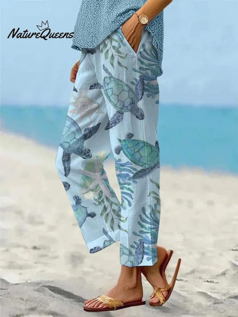 Women's Beach Vacation Turtle Art Printed 100%Cotton Casual Pants