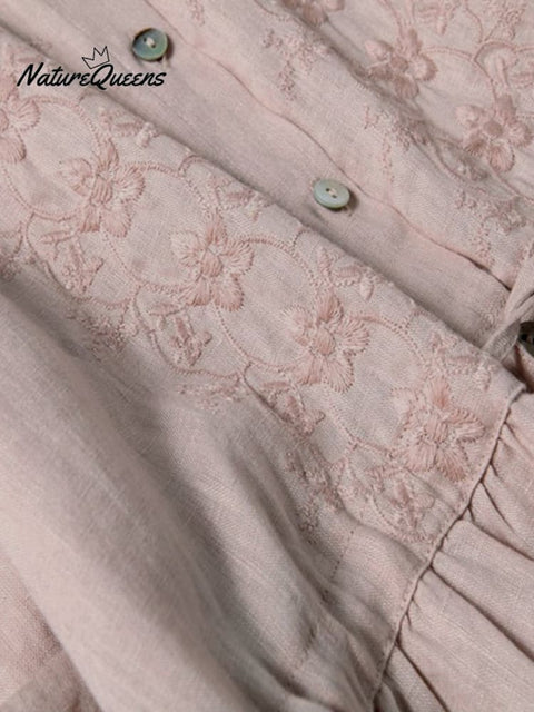 3/4 Sleeves Cotton Linen Loose And Slim Embroidered Dress