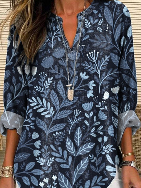Tranquil Floral Garden Pattern Printed Women's Casual Linen V-Neck Shirt