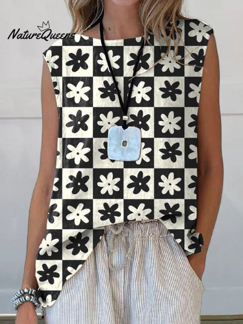 Lovely Floral And Check Pattern Printed Women's Casual Cotton And Linen Tank Top