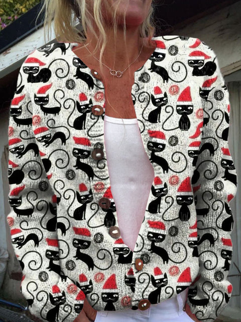 Black Cat Christmas Art Print Buttoned Cardigan Sweater