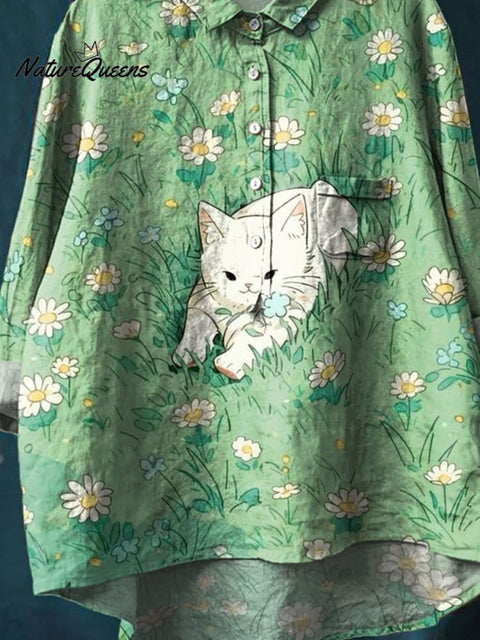 Women's Lovely Cat Floral Art Print Casual Cotton And Linen Shirt