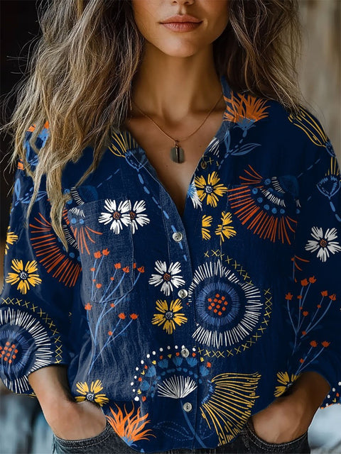 Women's  Floral Art Print Casual Long Sleeve Comfortable Cotton Shirt