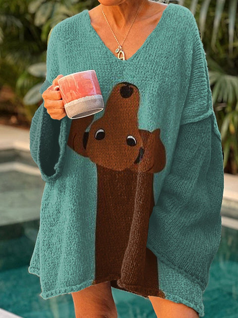 Women's Funny Dog Art Print Casual Pullover Sweater