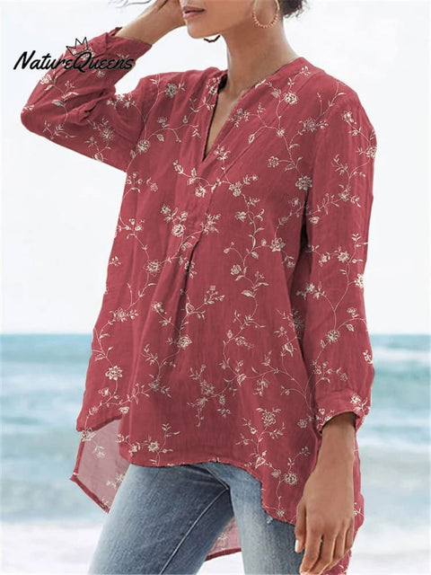 Small Floral And Vine Pattern Printed Women's Casual Linen V-neck Shirt