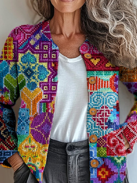 Vibrant Cross Stitch Floral Art Printed Buttoned Cardigan Sweater
