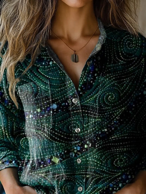Abstract Patchwork Swirl Art Printed Women's Casual Long Sleeve Comfortable Cotton Shirt