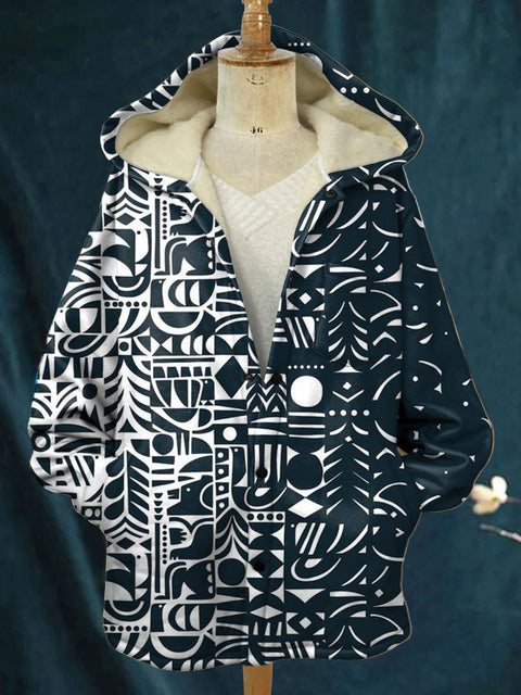Abstract Geometric Pattern Printed Waffle Plush Thick Long-Sleeved Hooded Coat