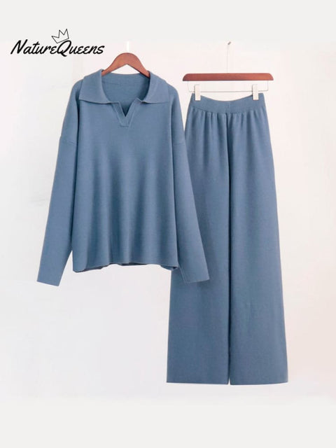 Women's Knitted Polo Collar Sweater And Knitted Wide Leg Pants Two-Piece Set Outfit