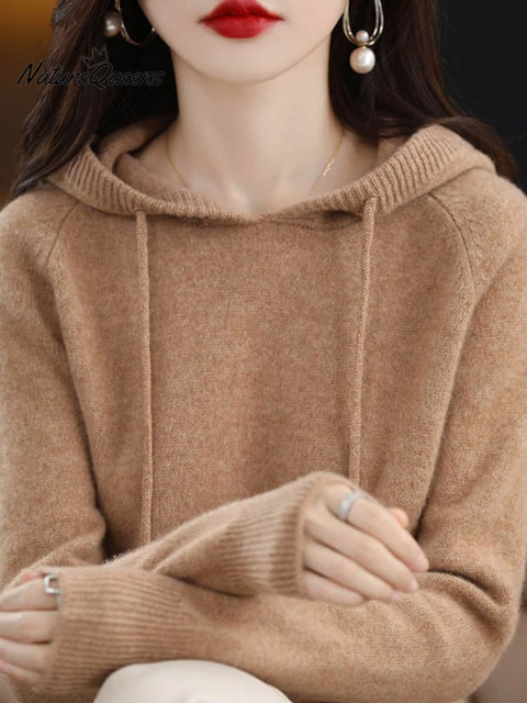 Women's Stylish Casual Long Sleeve Solid Color Hooded Loose Wool Knitted Sweater