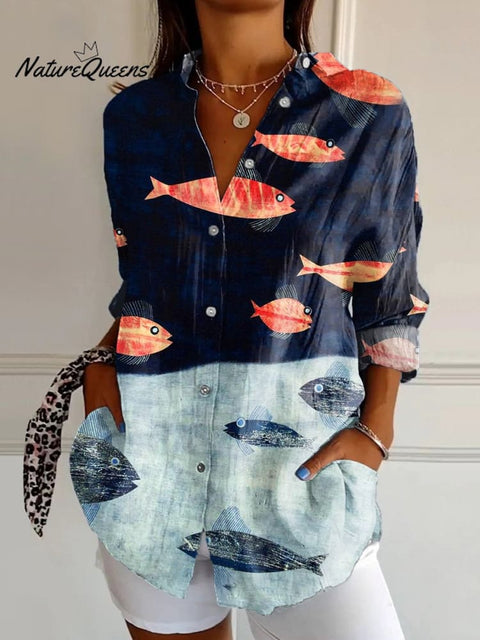 Women's  Fish  Art Print Casual Cotton Shirt