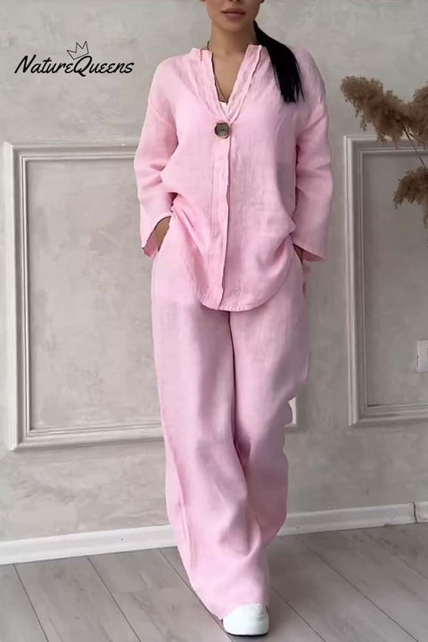 Casual button decorated cotton and linen two-piece set