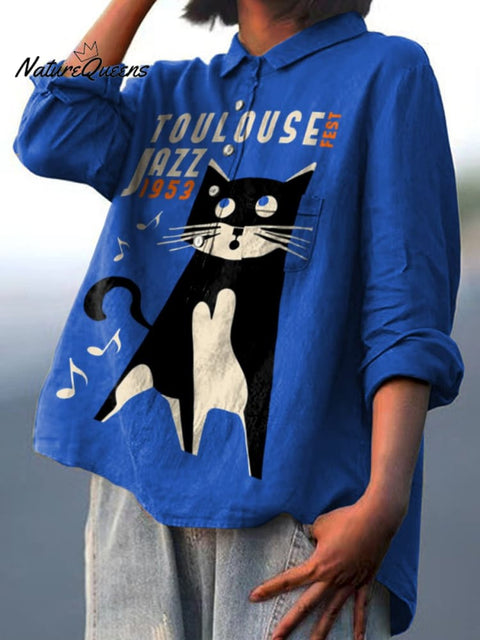 Black and White Cat and Jazz Decorative Pattern Casual Cotton And Linen Shirt