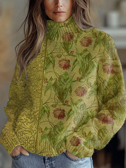 Flowers Art Print Knit Turtleneck Pullover Sweater