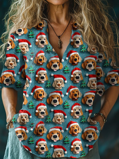 Women's Christmas Funny Dog Print Casual Linen V-neck Shirt