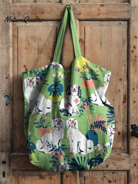 Lovely Dogs Floral Art Print Casual Linen Tote Bag