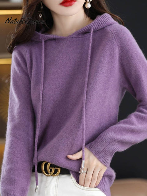 Women's Stylish Casual Long Sleeve Solid Color Hooded Loose Wool Knitted Sweater