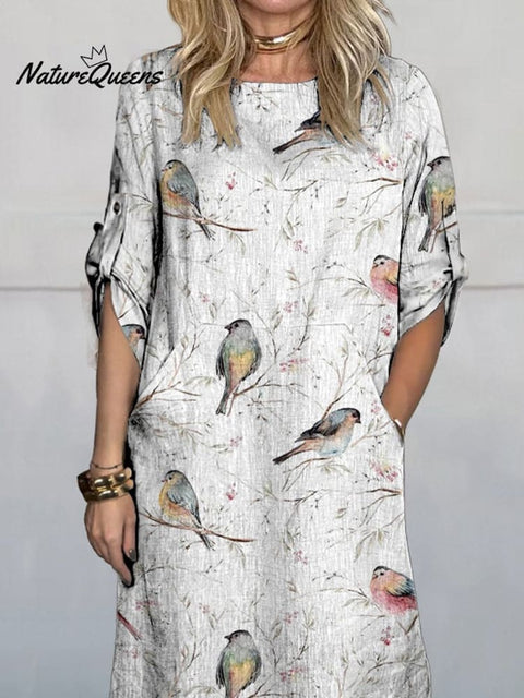 Lovely Spring Birds On Bough Repeat Pattern Printed Women's Comfortable Linen Pocket Dress