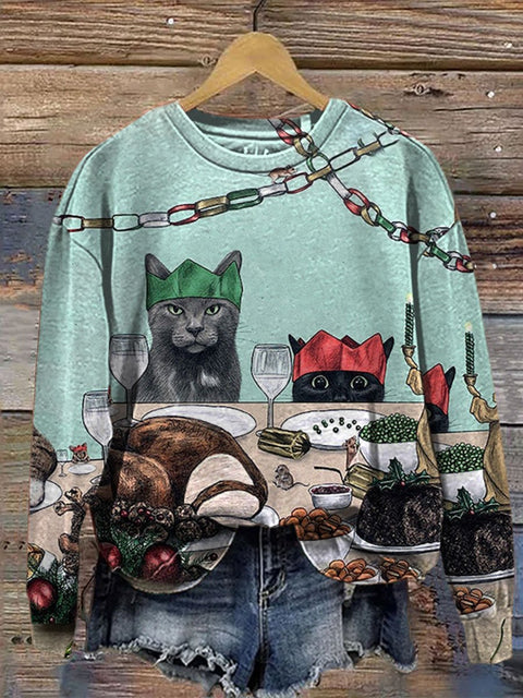 Retro Cat  Christmas Print Casual  Sweatshirt