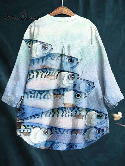 Women's Blue Fish Print Casual Cotton And Linen Shirt