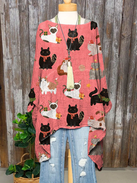 Women's Lovely Christmas Cats Art Print Pocket Cotton Top