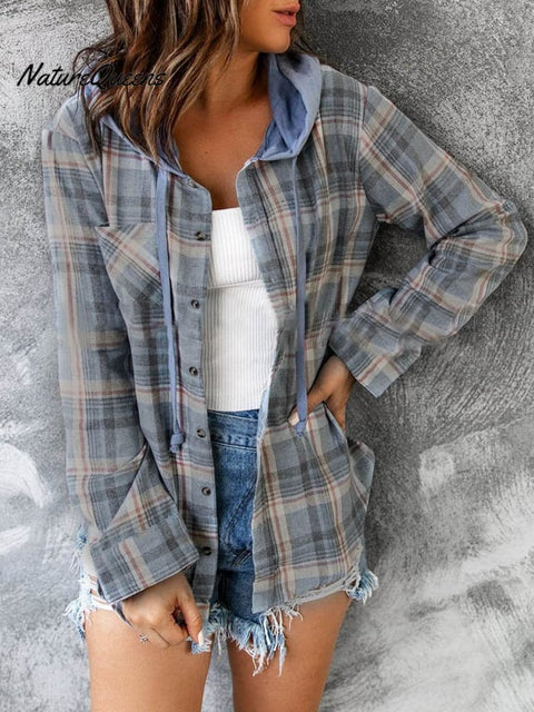 Women's Hooded Colorblock Plaid Stylish Casual Shirt Jacket