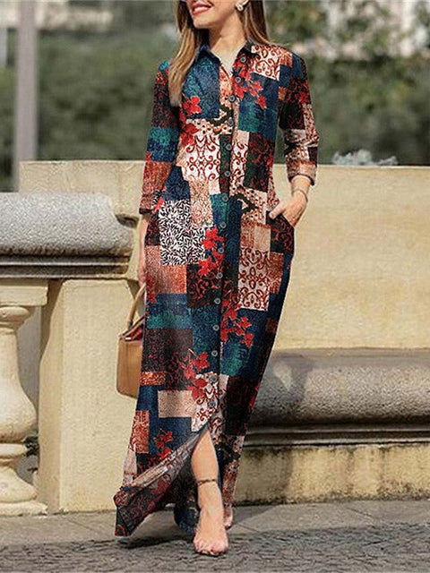 Women's Geometric Floral Pattern Art Print Loose Elegant Casual Lapel Long Sleeve Cotton Long Shirt Dress