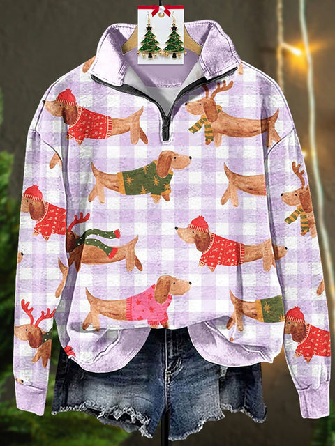 Lovely Christmas Dogs Art Print Casual Long Sleeve Zip Sweatshirt