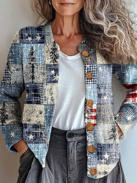 Women's Lovely Christmas Tree Patchwork Art Print Buttoned Cardigan Sweater