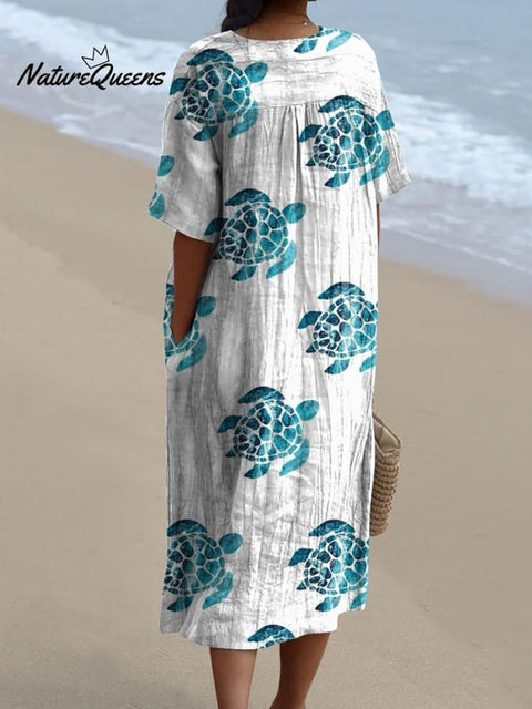 Lovely Summer Vacation Watercolor Sea Turtle Pattern Printed Women's Flowy Dress
