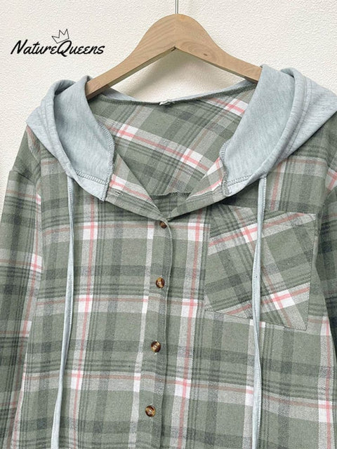Women's Hooded Colorblock Plaid Stylish Casual Shirt Jacket