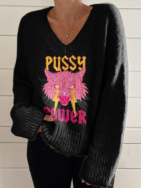 "Pussy Power" Girl Power Inspired Graphic Printed Women's Casual V-Neck Pullover Knit