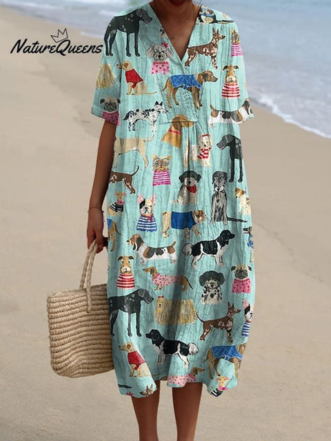 Lovely Puppy Dogs Pattern Printed Women's Flowy Dress