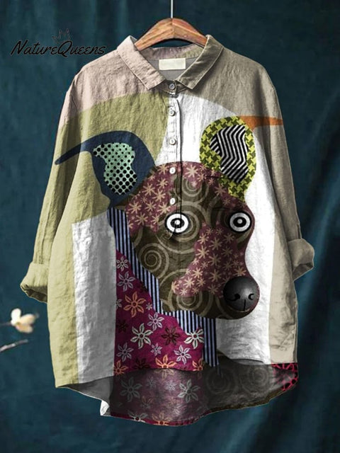 Women's Dog Art Print Casual Cotton And Linen Shirt