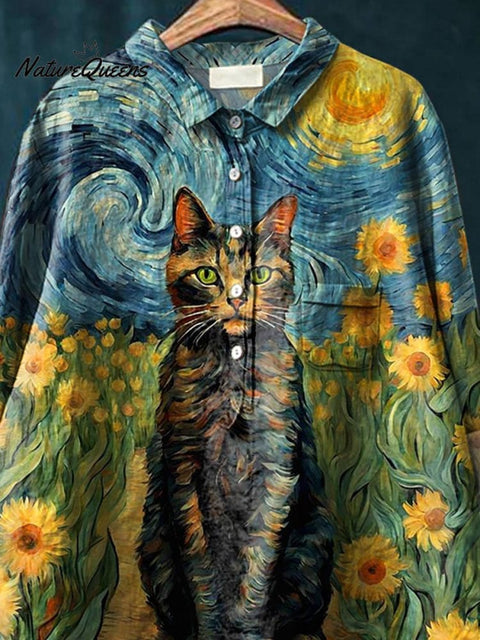 Van Gogh Style Cat Painting Printed Women's Casual Cotton And Linen Shirt