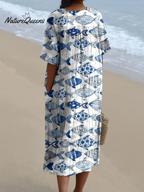 Watercolor Sea Fish Pattern Printed Women's Flowy Dress